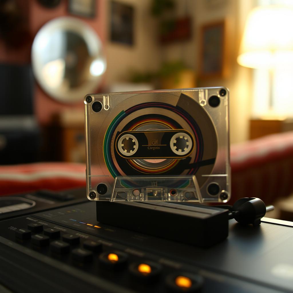 A nostalgic scene showcasing an old cassette tape spinning on a vintage cassette player