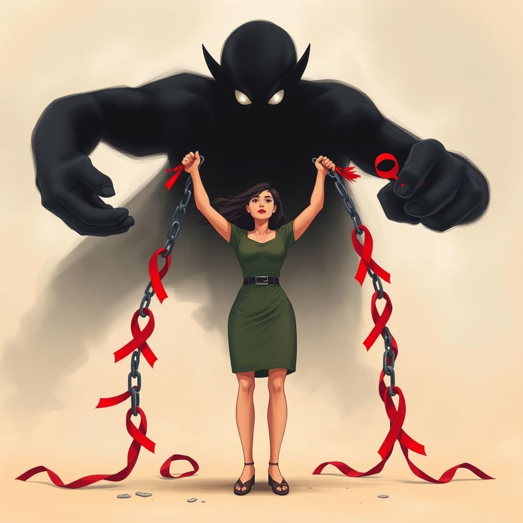 A powerful and evocative illustration of a woman standing strong against a large, dark shadow symbolizing HIV