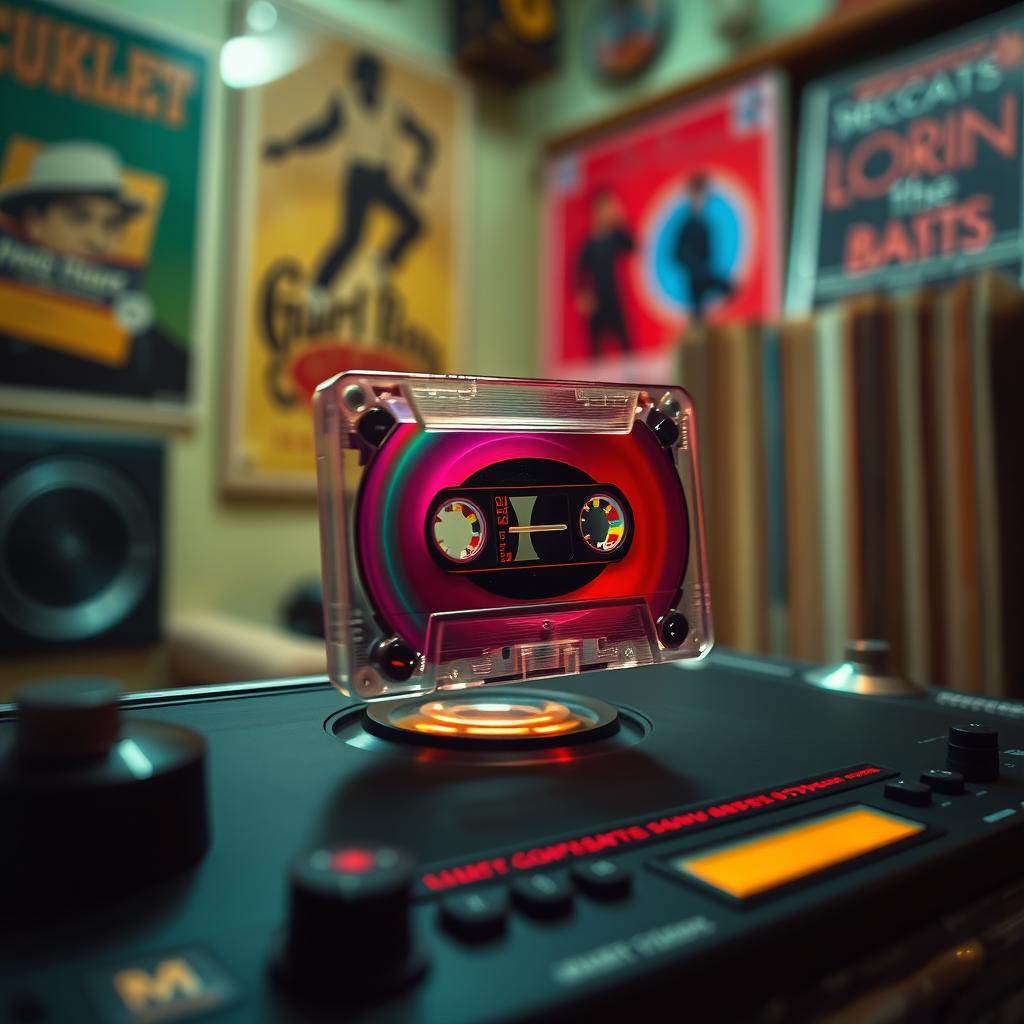 A vibrant, dynamic shot of a cassette tape spinning in a vintage tape player
