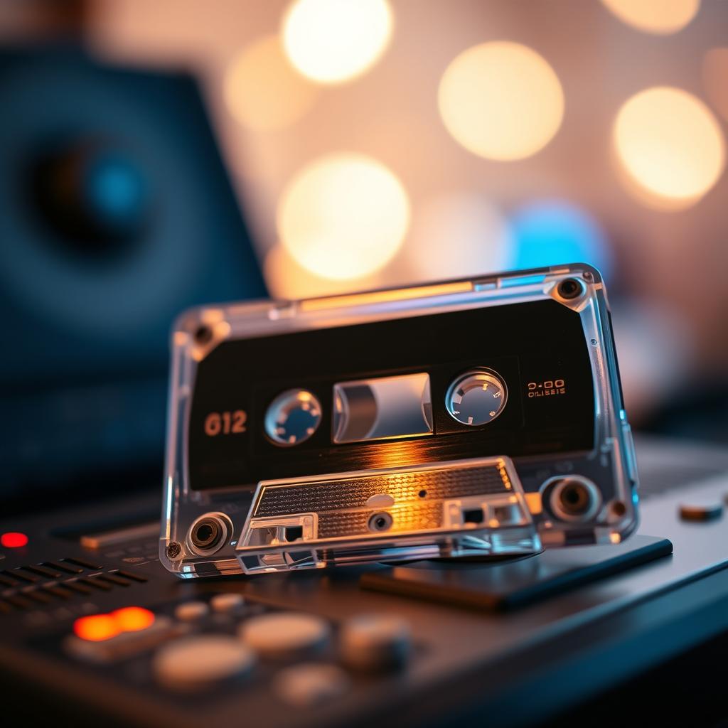 A close-up shot of a cassette tape spinning on a vintage cassette player, showcasing the intricate details of the tape's casing and the colorful magnetic tape inside