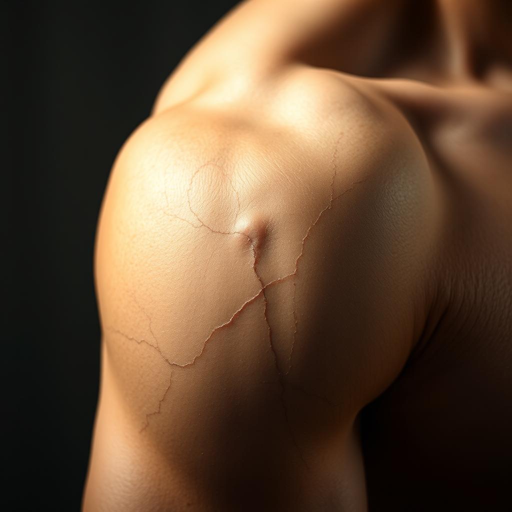 A close-up view of a well-defined vein on a muscular shoulder, showcasing the intricate details of the vein's structure and the surrounding skin