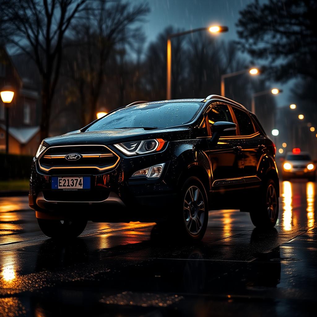 A black Ford EcoSport parked under the rain on a dimly lit street in the evening
