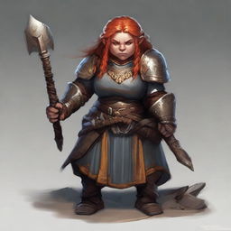 An unarmed female dwarf, endowed with earth and wood bending capabilities, garbed in heavy armor, compellingly maneuvers wooden splinters and rocks to float and revolve around her ethereal form.