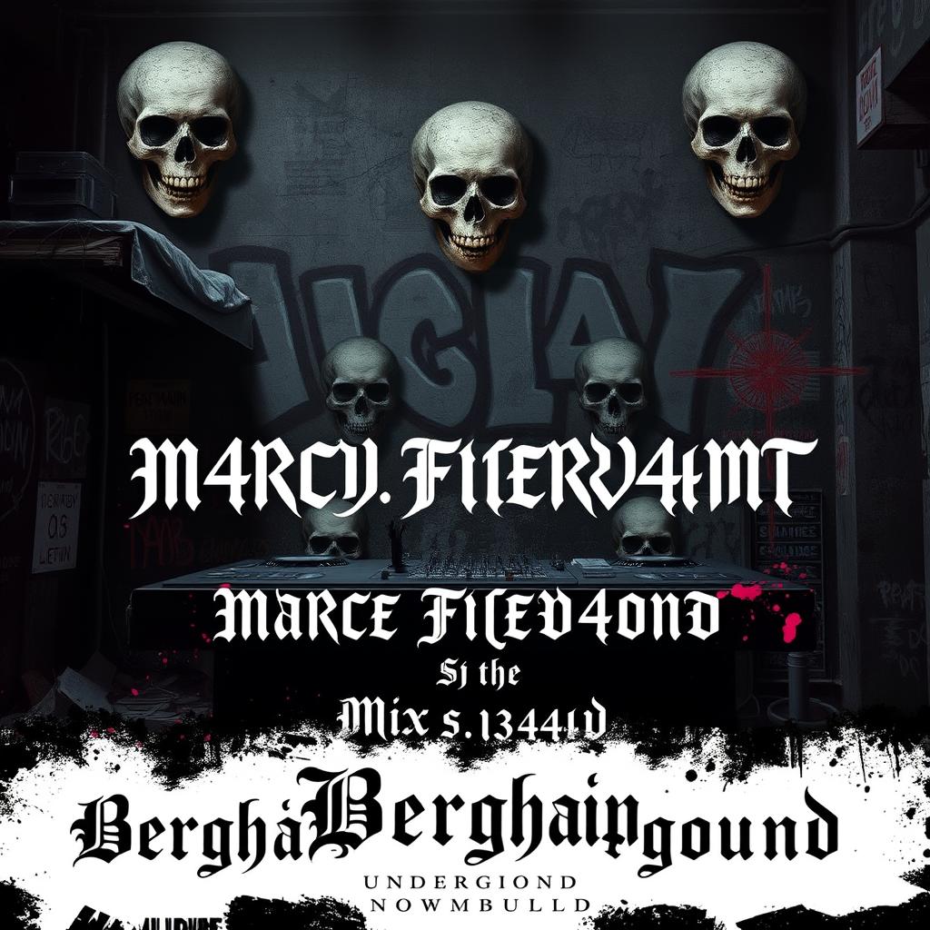 A gritty, dark punk aesthetic for a DJ set, featuring macabre elements such as skulls, dark graffiti, and a chaotic urban background