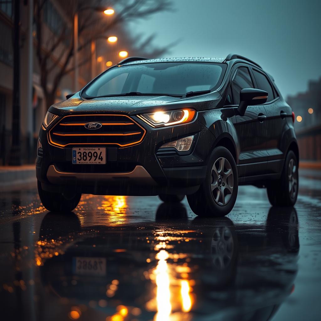 A black Ford EcoSport parked in the rain during the evening, with headlights illuminating the wet pavement