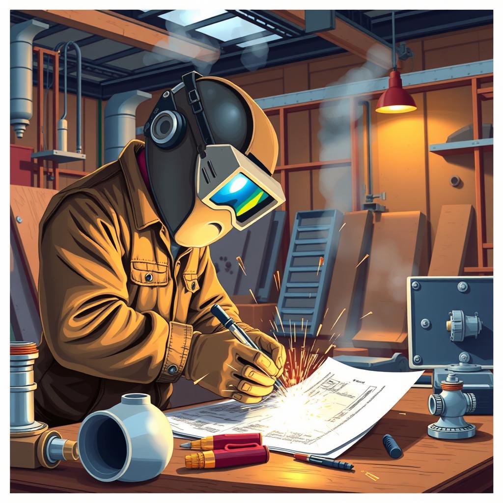 A detailed and vibrant illustration showcasing a welding and remodeling scene