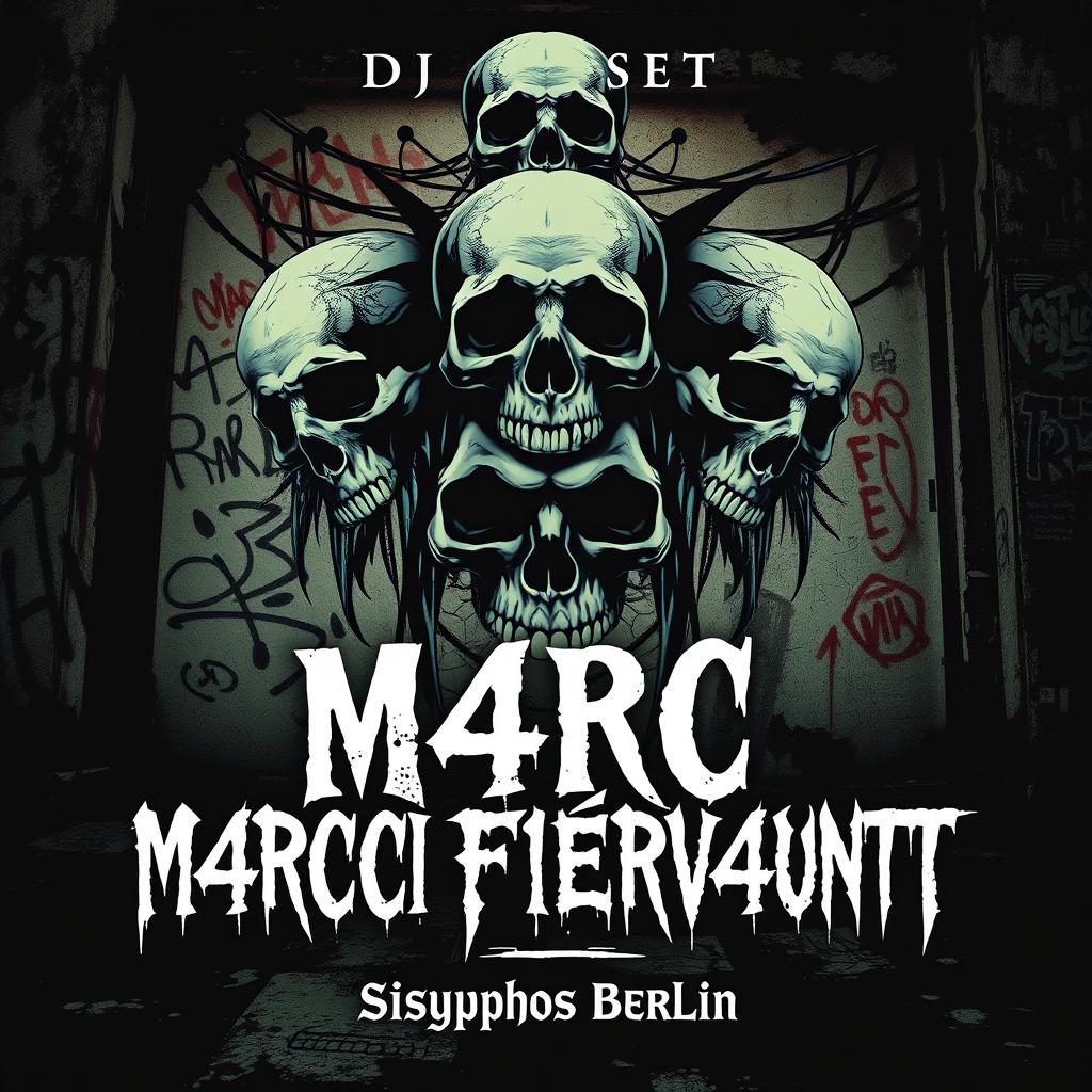 An intense, hard punk-inspired image designed for a DJ set, showcasing a macabre aesthetic with elements like skulls, dark graffiti, and an edgy urban backdrop