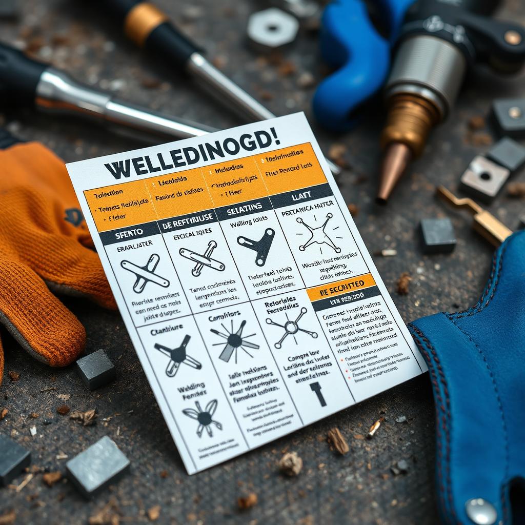A detailed close-up image of a welding repair card, showcasing a variety of welding techniques and diagrams