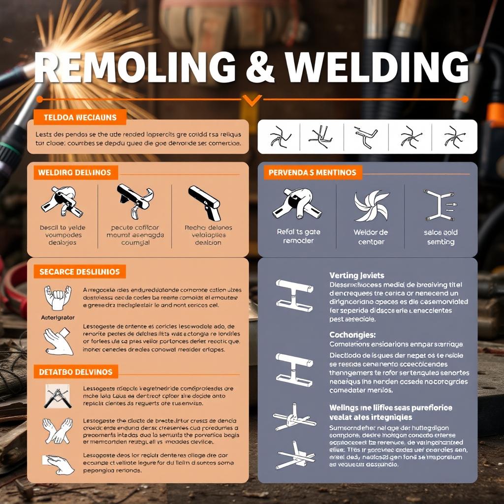 A detailed design of a remodeling and welding information card that presents various welding techniques and repair methods