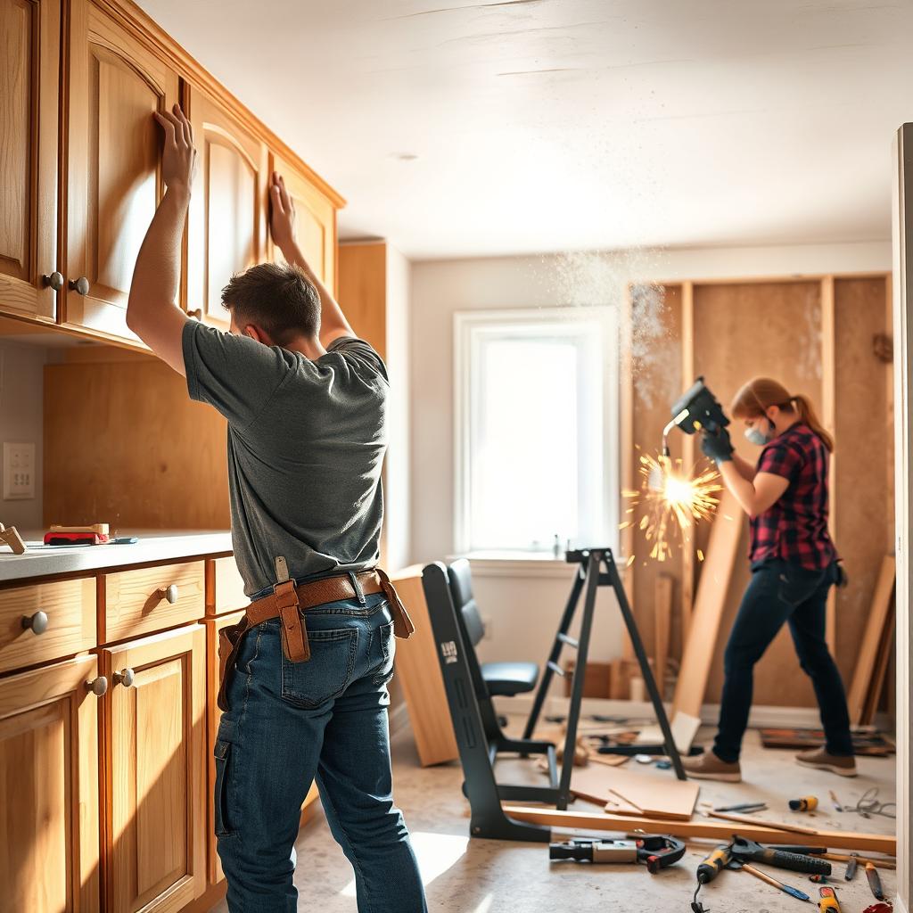 A residential remodeling scene showcasing skilled tradespeople at work
