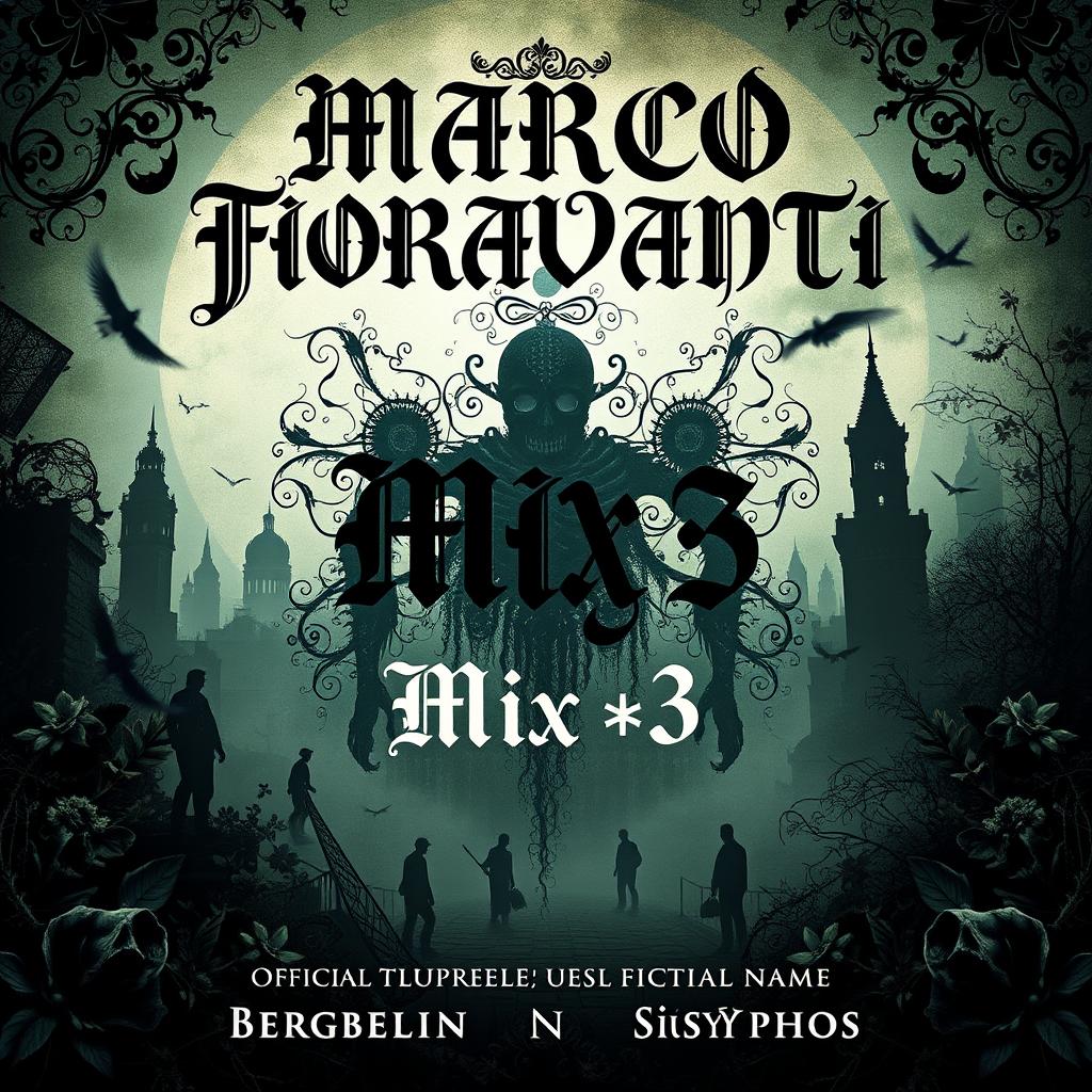 An original and captivating cover design for a DJ mix in a macabre style, showcasing the title 'MARCO FIORAVANTI' in an intricate Gothic font prominently at the top