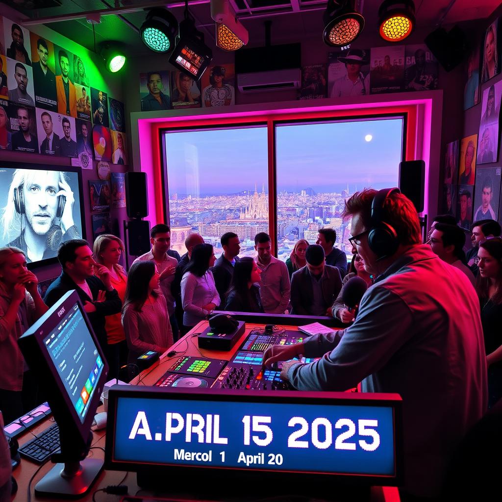 A vibrant and energetic DJ set scene in a lively radio studio in Barcelona, featuring the DJ booth, colorful lights, and enthusiastic listeners