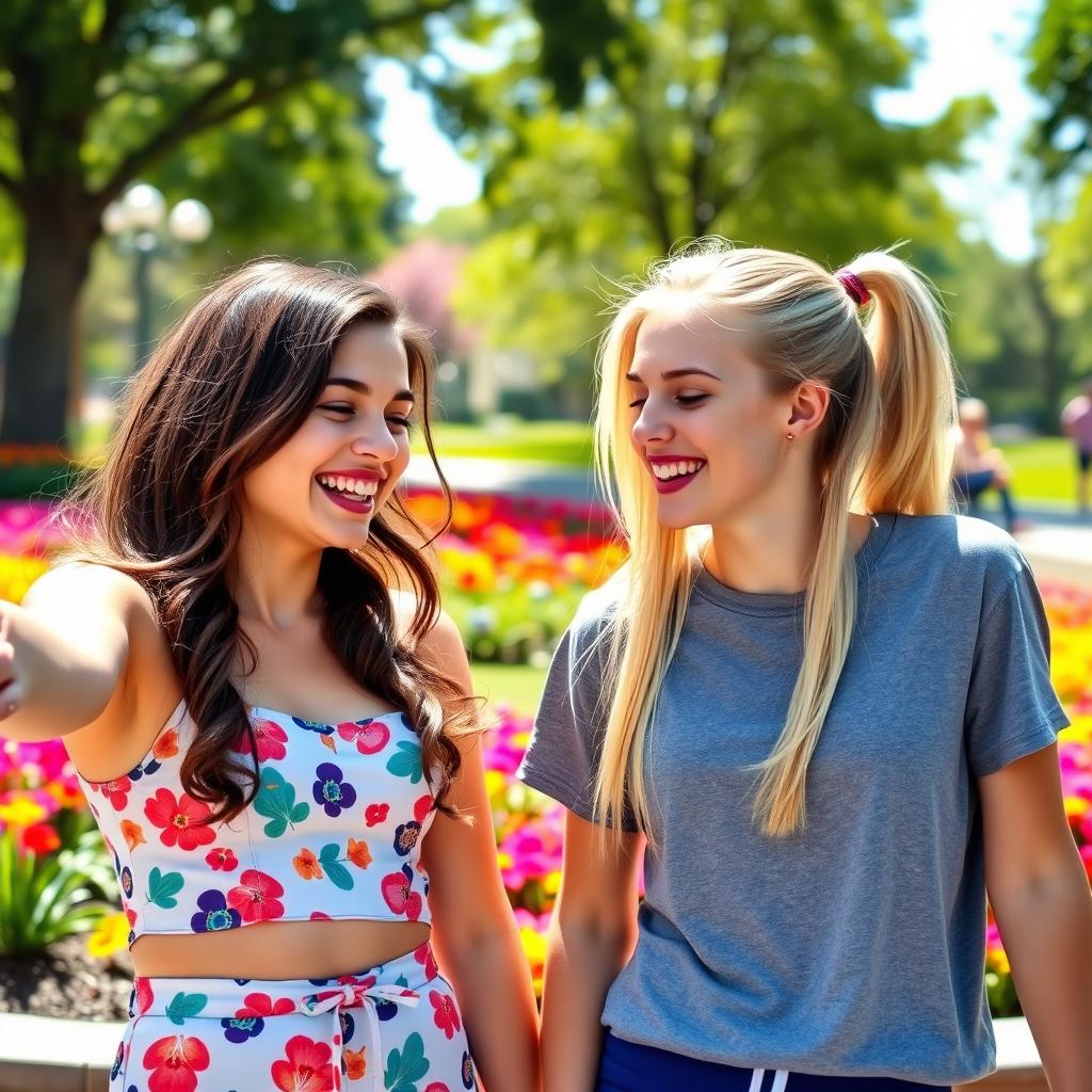 Two teenage girls with a playful vibe, enjoying time together in a colorful park