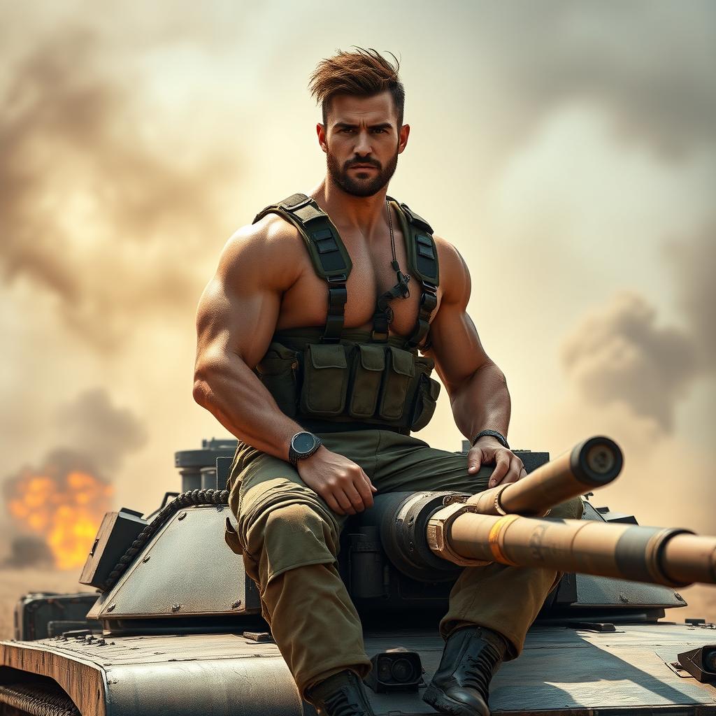 A rugged and muscular man wearing a tactical military uniform, sitting confidently on top of a modern army tank