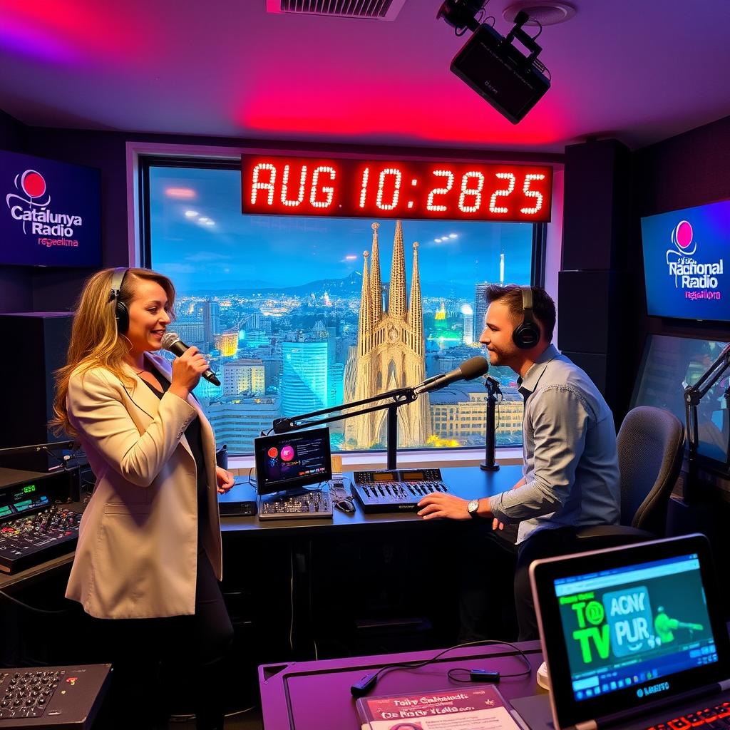 An engaging scene within a radio studio in Barcelona, where a charismatic female presenter introduces DJ Marco Fioravanti on air