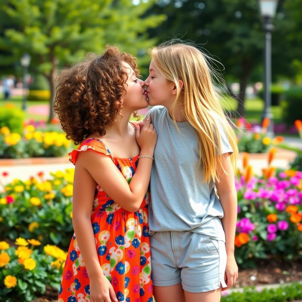 Two teenage girls sharing a playful and affectionate moment, leaning in for a kiss in a light-hearted and innocent manner