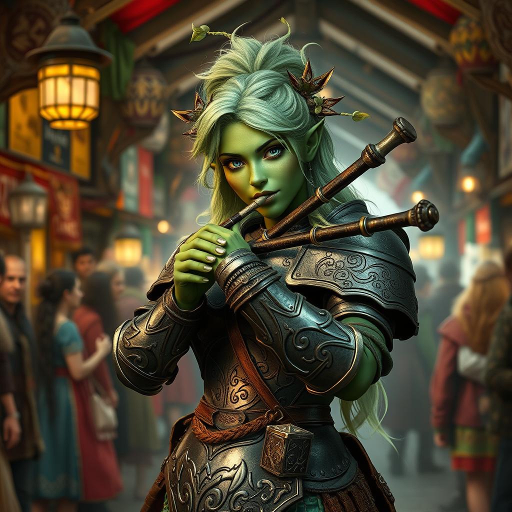 A female dryad with dark green skin, vibrant light green hair, and striking blue eyes, passionately playing bagpipes