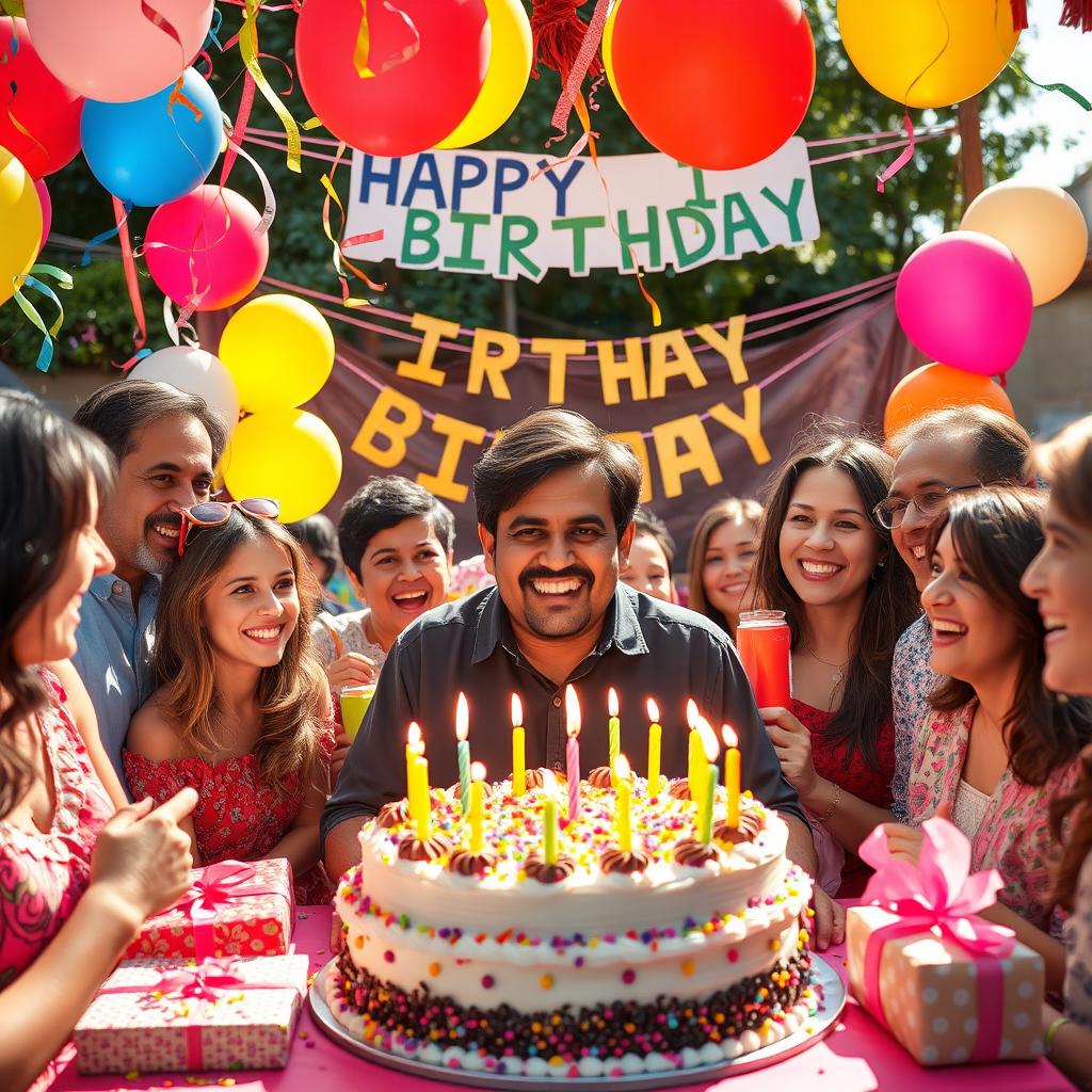 A vibrant and colorful birthday scene celebrating a man named Imran