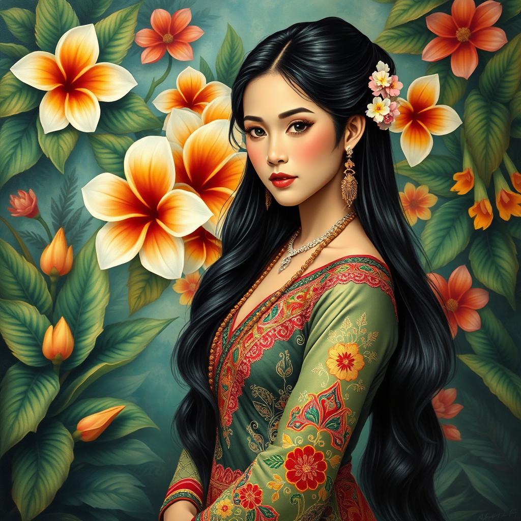An intricate painting of a traditional Filipino woman dressed in a beautiful baro't saya, representing Filipino heritage