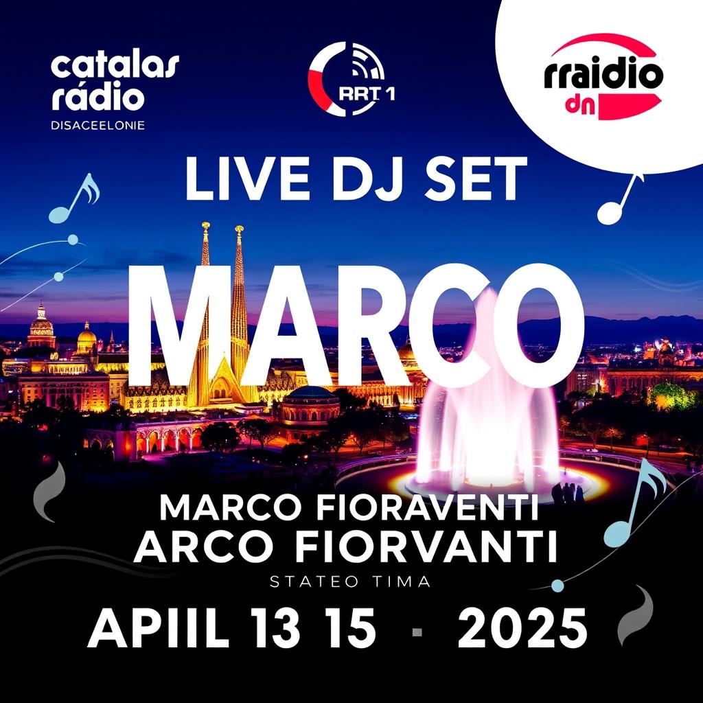 A stunning event poster for a DJ performance in Barcelona, featuring Marco Fioravanti as the headline act