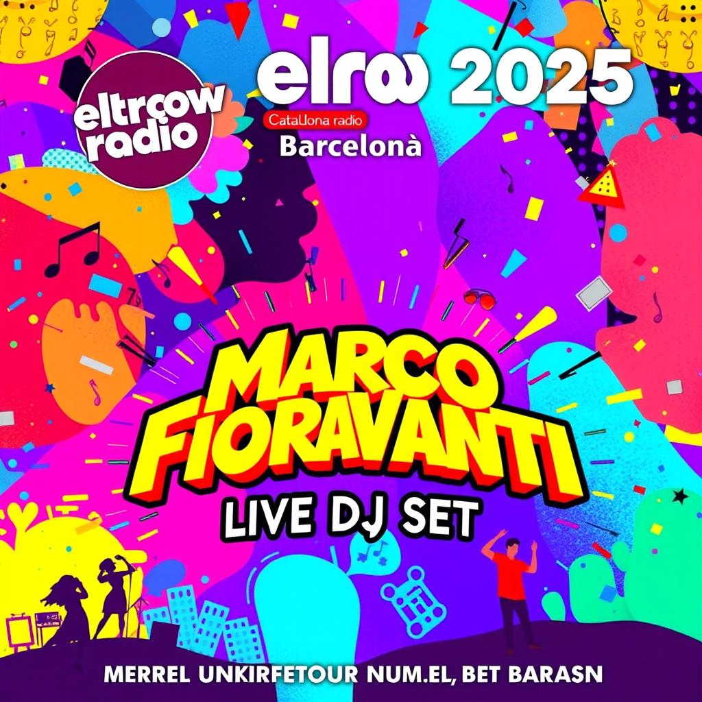An eye-catching event poster for a DJ performance in Barcelona, styled similarly to the vibrant and artistic promotional materials of elrow