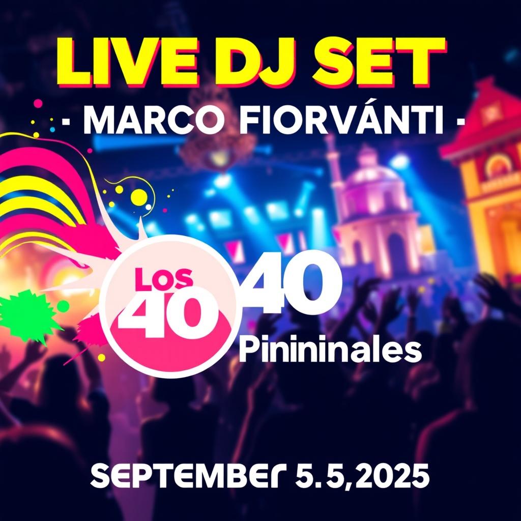 A vibrant and animated event poster for a live DJ set featuring Marco Fioravanti, designed to look like an official presentation from the radio station or venue