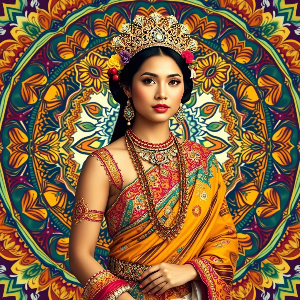 A traditional Filipino woman embodying enchanting beauty, adorned in beautiful tribal wedding attire, representing strength and grace