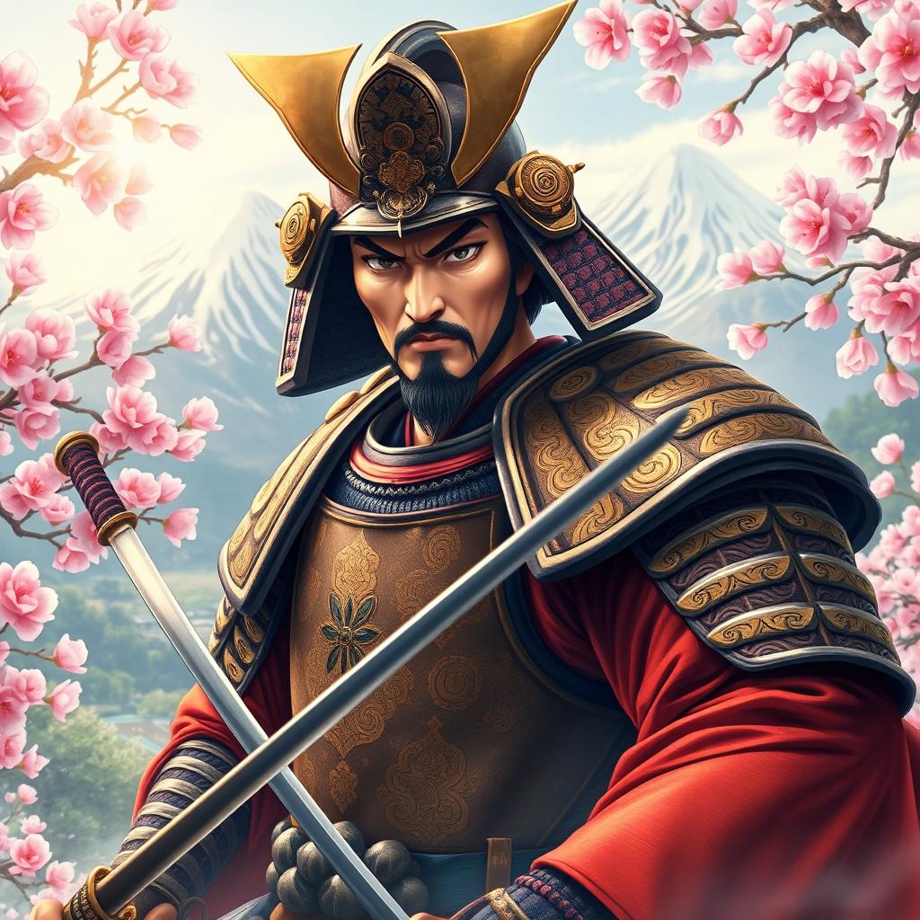 A heroic portrait of Minamoto no Raikou, the legendary Japanese samurai, depicted in traditional armor adorned with intricate designs, wielding a katana