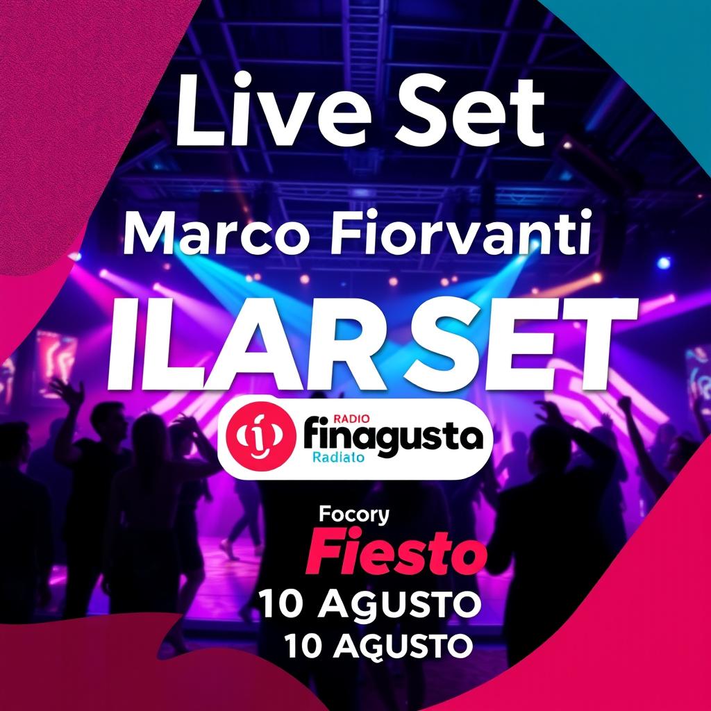 A stylish cover design for a live DJ set, inspired by contemporary club aesthetics, featuring Marco Fioravanti
