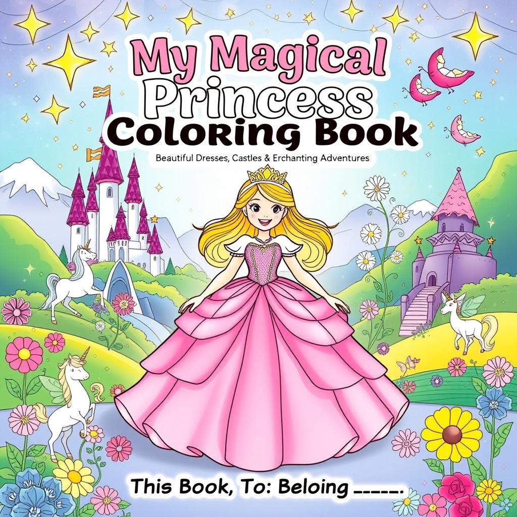 A whimsical and enchanting coloring book cover titled 'My Magical Princess Coloring Book' in Montserrat font
