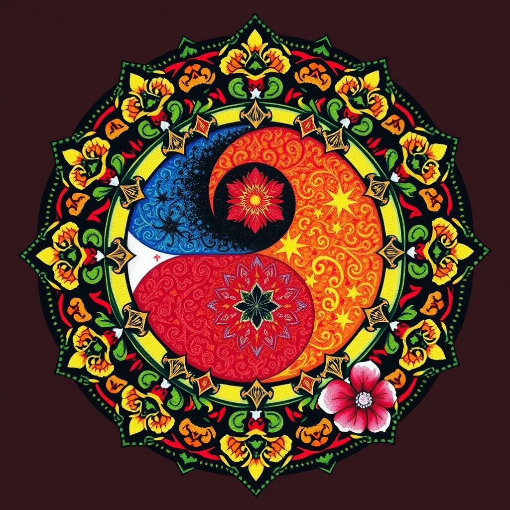 A beautiful yin yang symbol artistically integrated with traditional Filipino elements, such as intricate patterns inspired by Filipino textiles and tribal designs