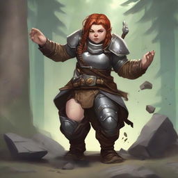 A skilled, unarmed female dwarf earth and wood bender clad in hefty armor, orchestrates a captivating spectacle as she causes splinters of wood and fragments of rocks to float and dance around her.