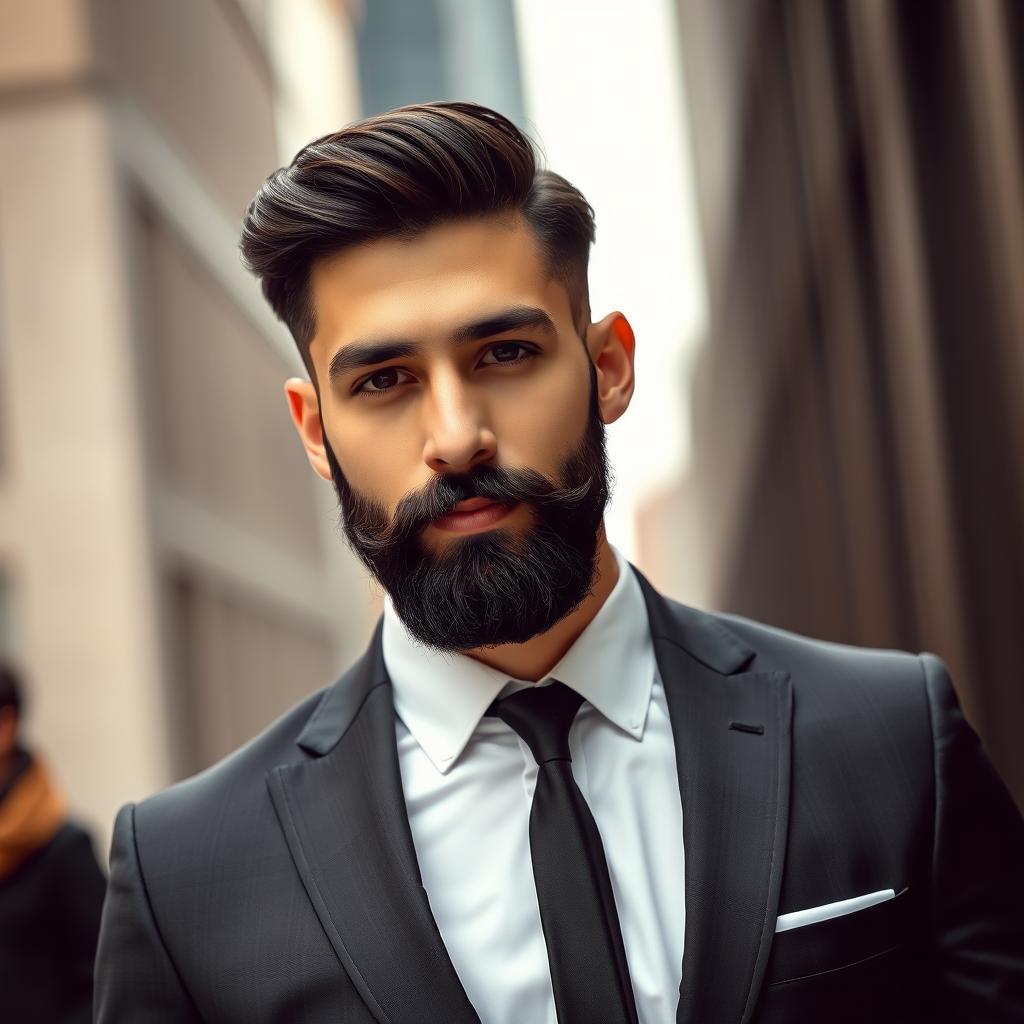 A young man in a formal suit, featuring a stylish black beard with subtle stripes