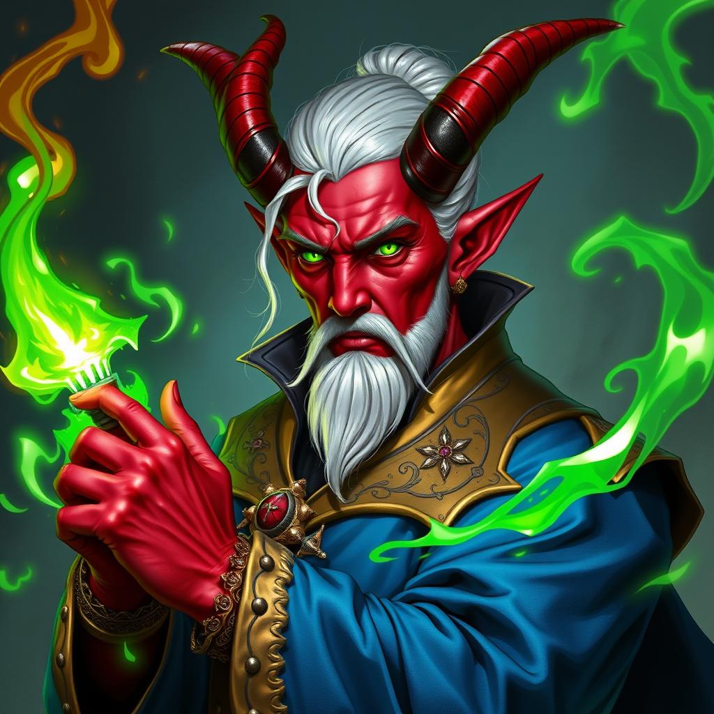 A character portrait of a Tiefling sorcerer with crimson red skin, wielding green fire magic in combat