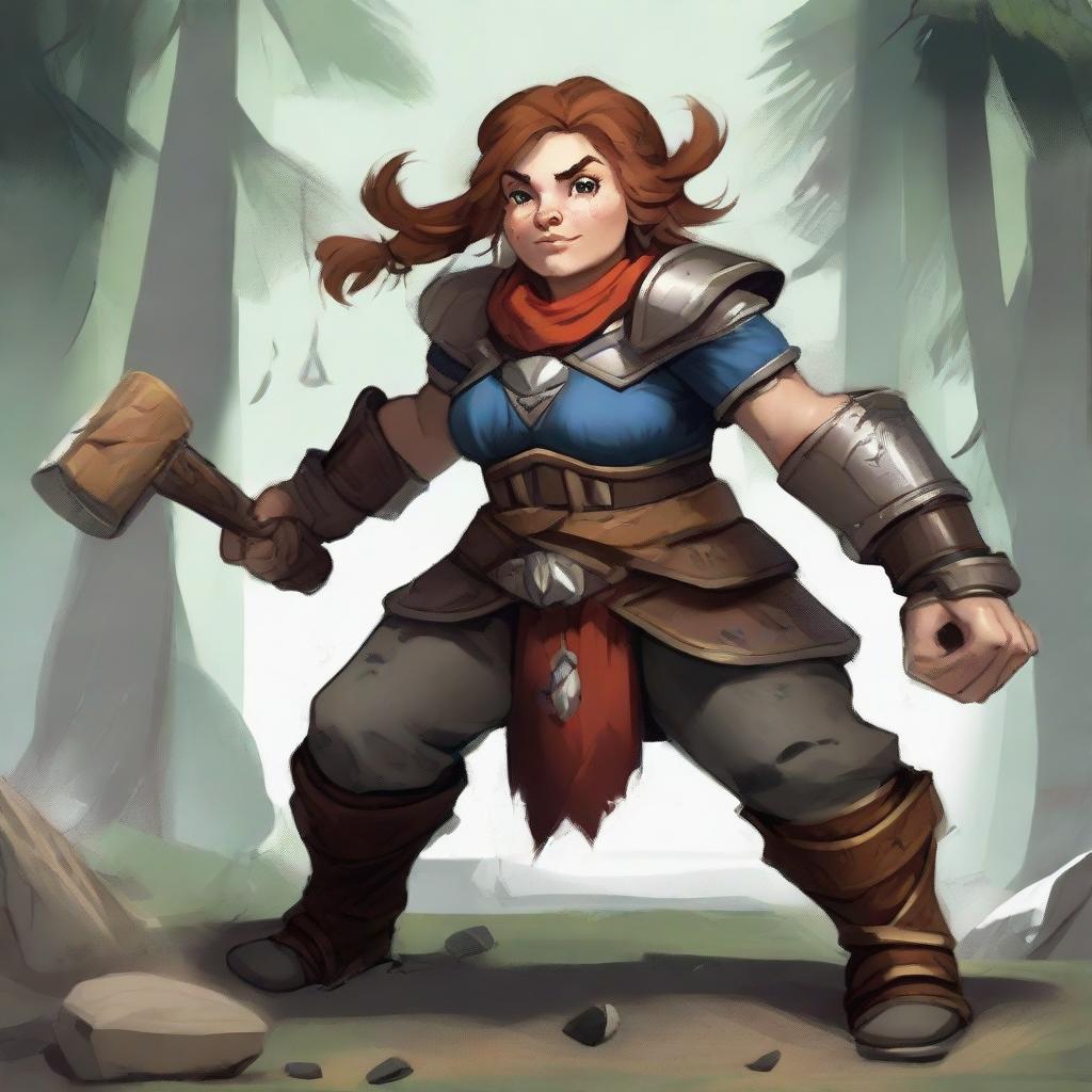 A skilled, unarmed female dwarf earth and wood bender clad in hefty armor, orchestrates a captivating spectacle as she causes splinters of wood and fragments of rocks to float and dance around her.