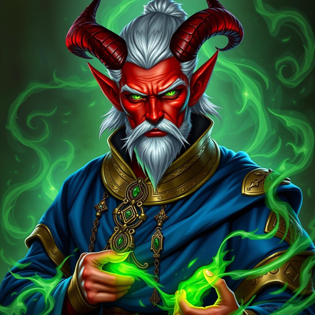A character portrait of a Tiefling sorcerer in a Dungeons and Dragons setting, depicted wielding green fire magic in combat