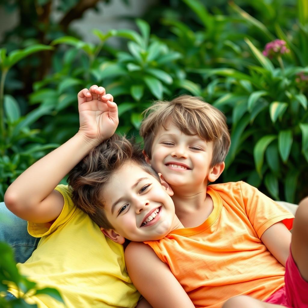 A playful scene capturing two boys engaging in a light-hearted moment