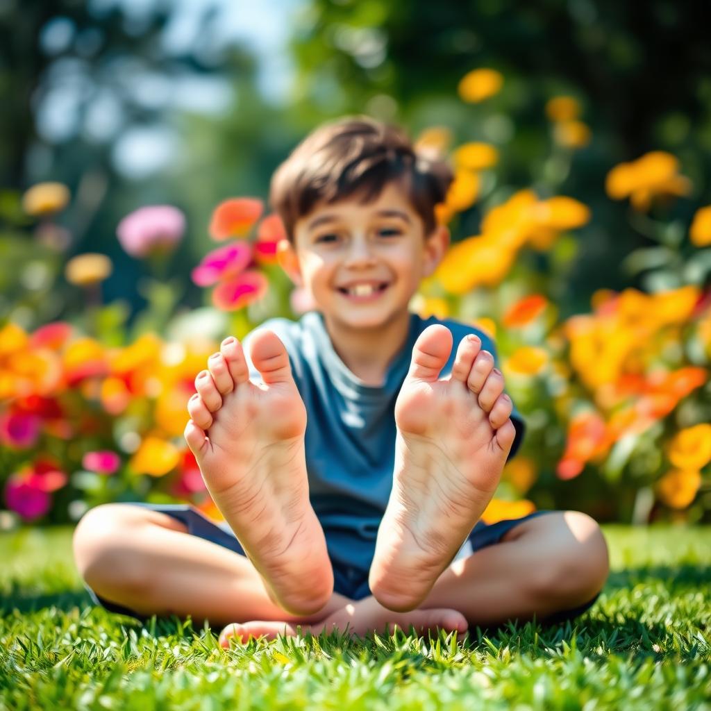 A young boy playfully sitting cross-legged, showcasing his bare feet in a bright and cheerful setting