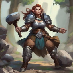 A skilled, unarmed female dwarf earth and wood bender clad in hefty armor, orchestrates a captivating spectacle as she causes splinters of wood and fragments of rocks to float and dance around her.