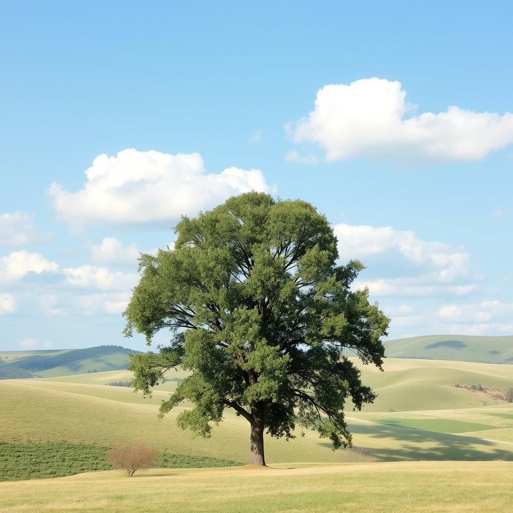 A serene landscape featuring a beautifully simplified background, showcasing soft rolling hills under a light blue sky with fluffy white clouds