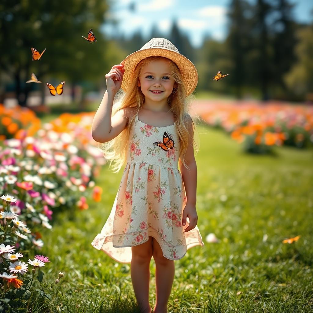 A stunning blonde girl standing in a vibrant, sunlit park