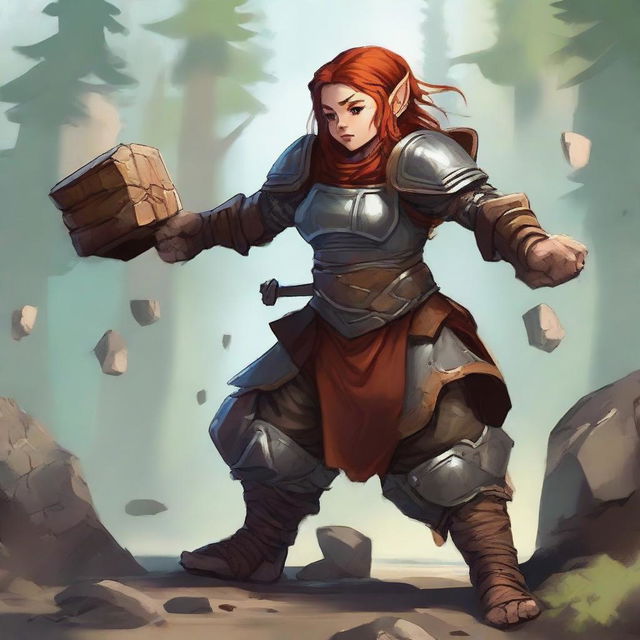 A skilled, unarmed female dwarf earth and wood bender clad in hefty armor, orchestrates a captivating spectacle as she causes splinters of wood and fragments of rocks to float and dance around her.