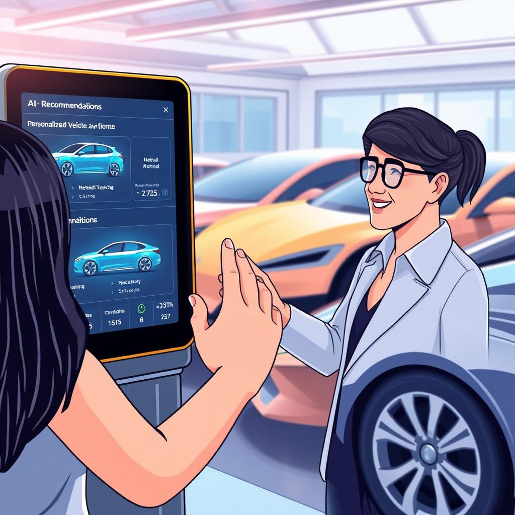 An illustration showing a futuristic car rental service experience featuring AI recommendations on a digital interface, highlighting personalized vehicle options with detailed car conditions displayed clearly
