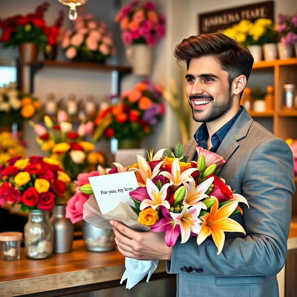 A handsome man in a stylish outfit smiles brightly as he purchases a beautiful bouquet of vibrant flowers at a charming flower shop