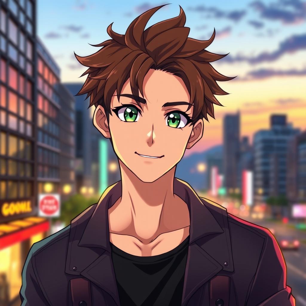 A handsome anime man with tousled brown hair and striking green eyes