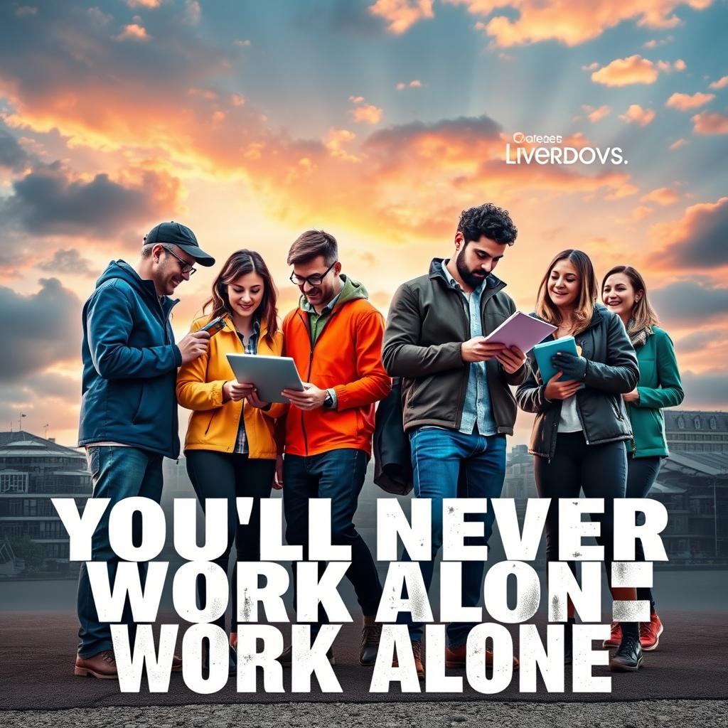 A motivational scene depicting a group of diverse individuals from different backgrounds and professions, working together towards a common goal under a vibrant sky