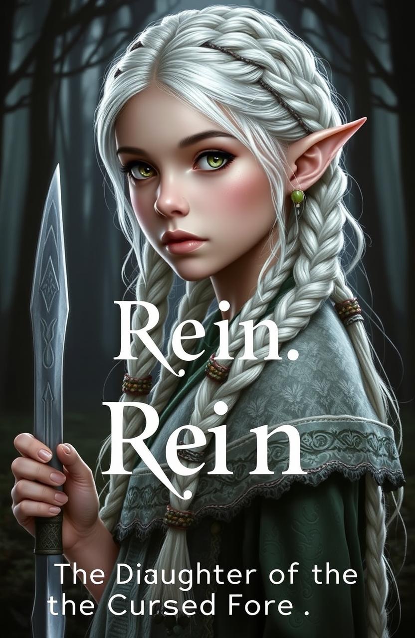 A beautiful young elf with white hair intricately braided into multiple braids, adorned with beads and feathers