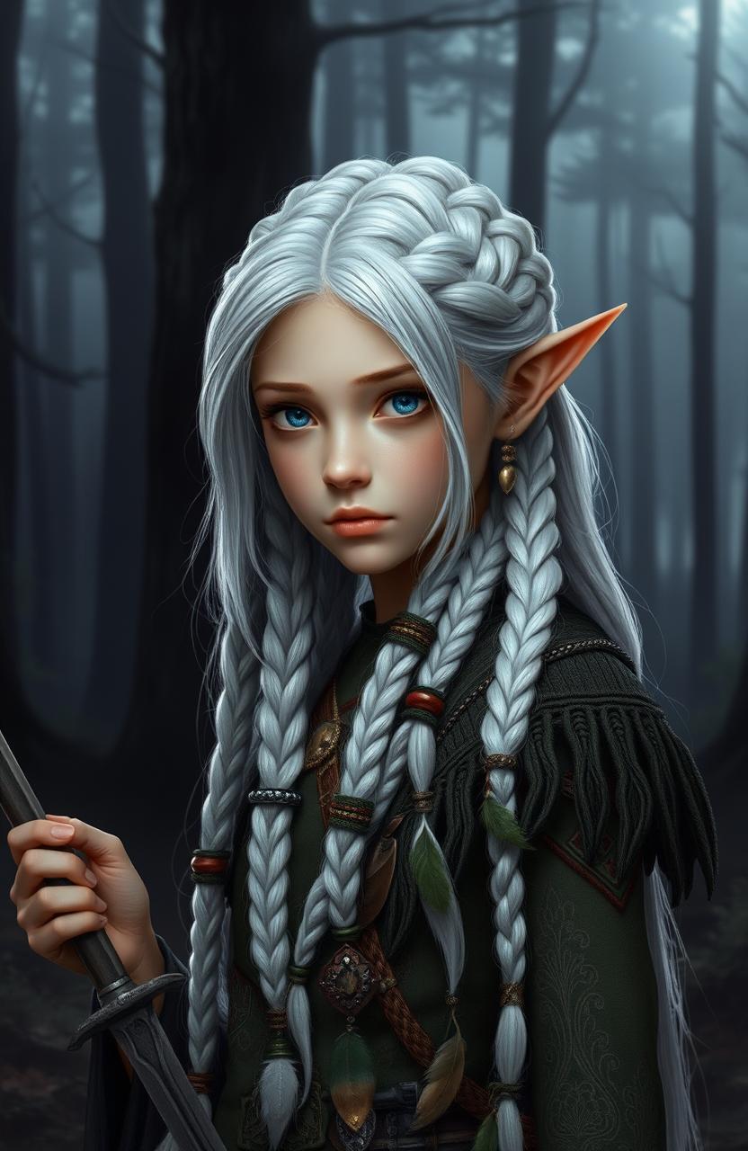 A beautiful young elf girl with white hair intricately braided into multiple plaits, adorned with beads and feathers
