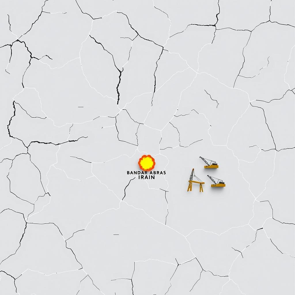 A minimalist map of Iran featuring noticeable cracks throughout the surface, symbolizing damage and turmoil