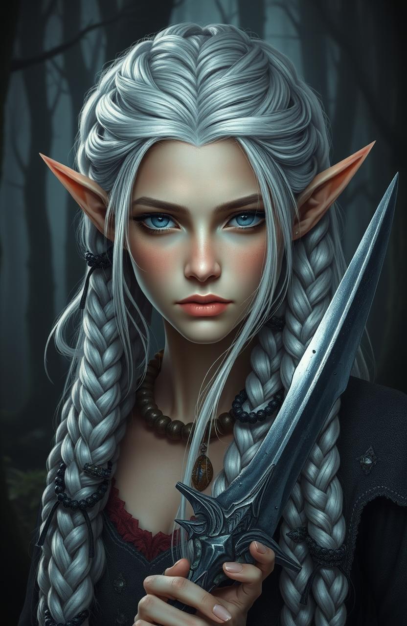 A beautiful elf with gray eyes and white hair intricately braided into multiple braids adorned with beads and feathers